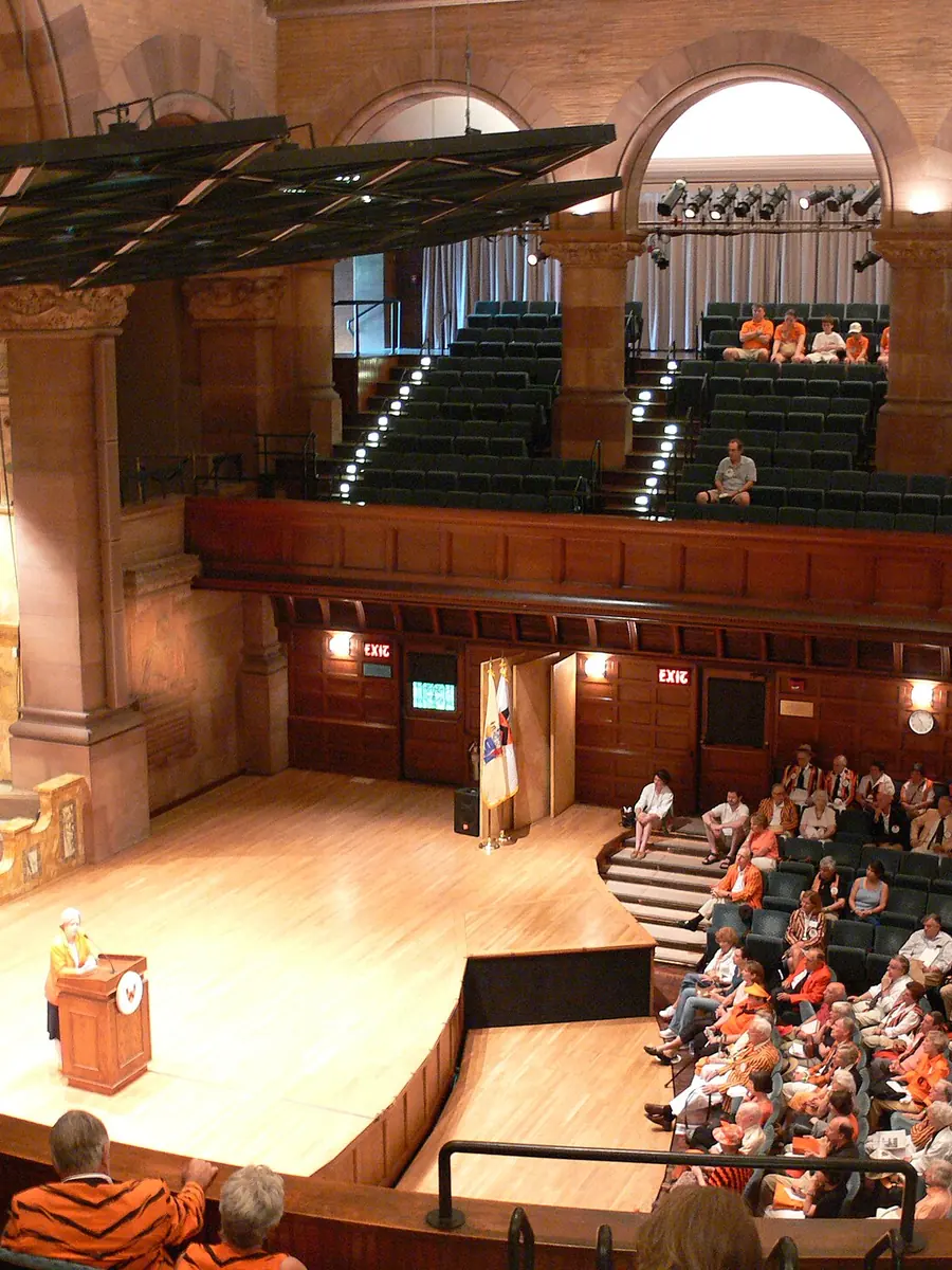 The interior of a concert auditorium with tiered seating