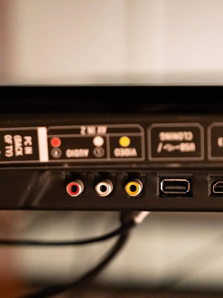A row of audio and video connectors including HDMI