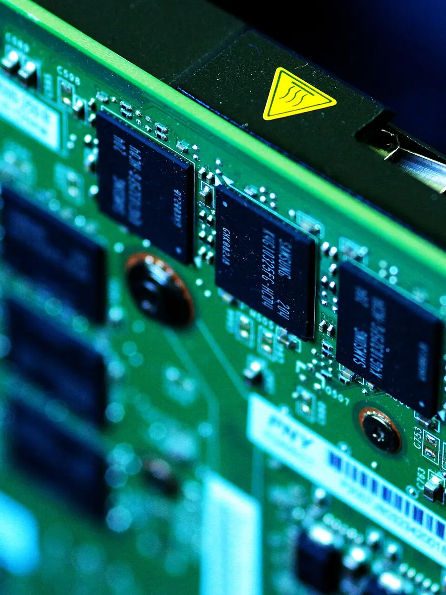 A close view of the circuit board of a graphics card