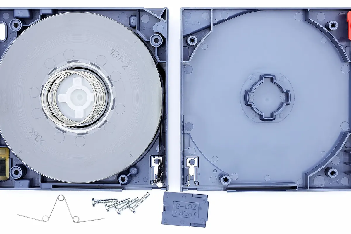 An LTO data tape cartridge opened to show the tape inside